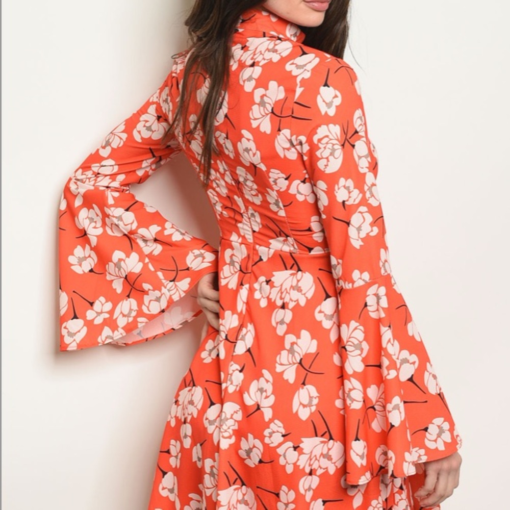 ORANGE FLORAL CHOKERNECK LONGSLEEVE DRESS Small - Picture 5 of 6